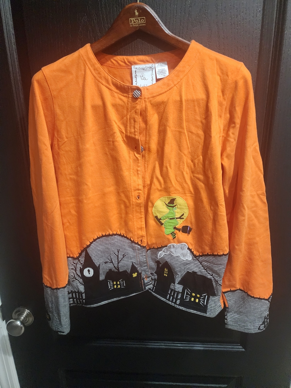 Michael Simon Orange Halloween Button Front Top with Haunted Village Trim